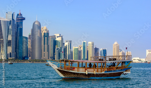background image of qatar s capital city landmark during sunset. tourist destinations