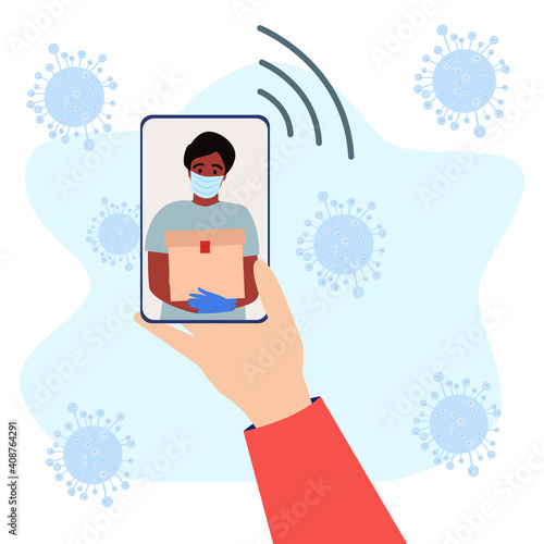 Contactless delivery concept illustration. Order contactless delivery via application, smartphone, website. Online delivery. The hand with the phone