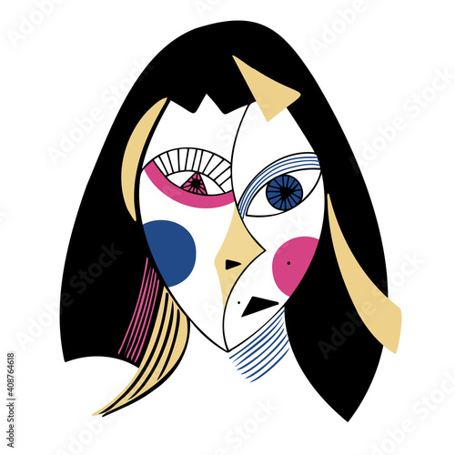 Isolated colorful simple vector illustration portrait of abstract lined cubist face