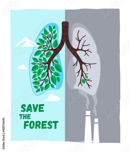 Human lungs. Respiratory system. Green healthy lungs with leaves. Environmental pollution. Save the forest. Vector illustration.