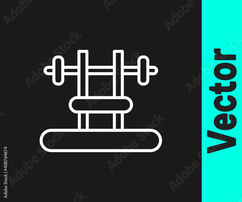 White line Bench with barbel icon isolated on black background. Gym equipment. Bodybuilding, powerlifting, fitness concept. Vector.