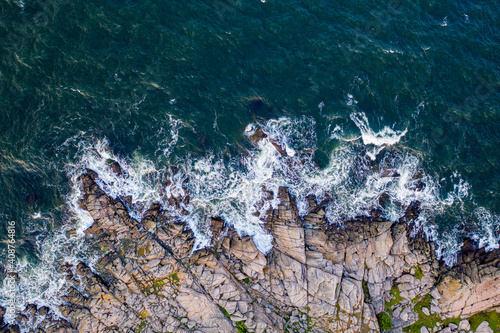 Foto Drone View of rocky cliff coast on Bornholm, Denmark