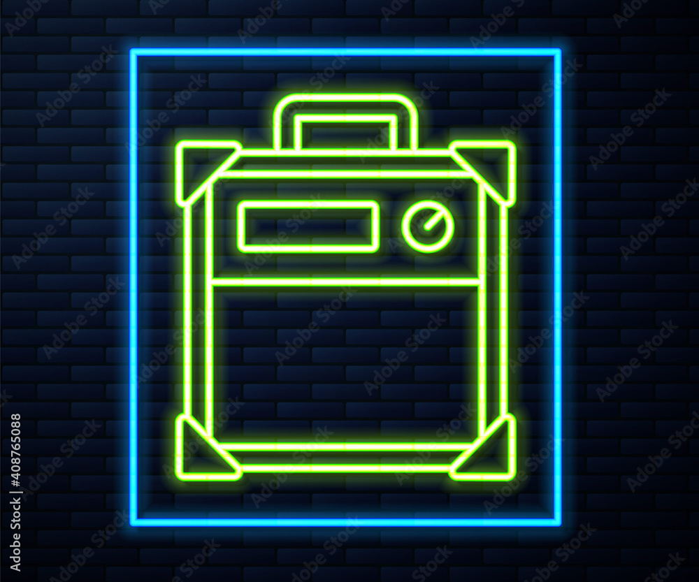 Glowing neon line Guitar amplifier icon isolated on brick wall background. Musical instrument. Vector. Glowing neon line Guitar amplifier icon isolated on brick wall background. Musical instrument. Vector.