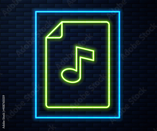 Glowing neon line Music book with note icon isolated on brick wall background. Music sheet with note stave. Notebook for musical notes. Vector.