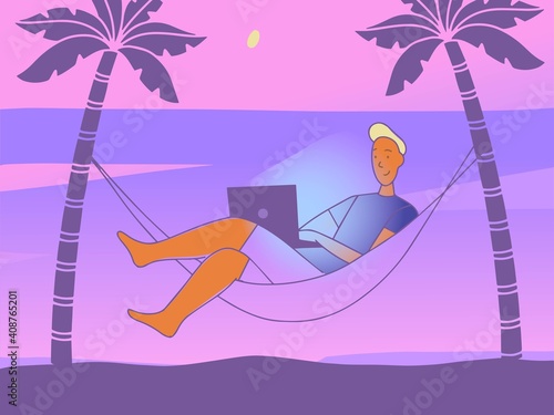Enjoy work from home and outdoor, dream work, tropical vacation with laptop. Always in touch. Man in hammock. beach at sunset. Flat style. Vector illustration