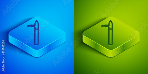 Isometric line Metal pike pole with wooden handle icon isolated on blue and green background. Spear, pickaxe, hook hand extinguishing instrument and tool for fireman. Square button. Vector.