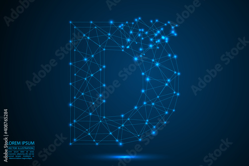 The destruction of the abstract font of English letters consists 3d of triangles, lines, dots and connections. On a dark blue background cosmic universe stars, meteorites, galaxies. Vector eps 10.