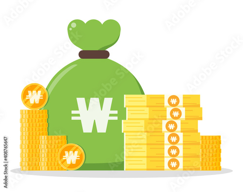 South Korean Won Money Bundle and Coin Stack Sack Bag Vector Icon Logo and Design. South Korea Currency Business, Payment and Finance Element. Can be used for Digital and Printable Infographic.