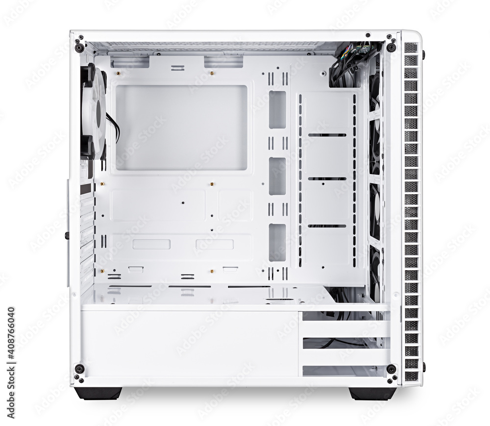 white open empty midi tower pc computer case side view isolated background.  gaming component technology electronics concept. Stock Photo | Adobe Stock