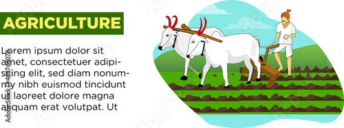 Poster with area for text showing farmer plouging field with cattle