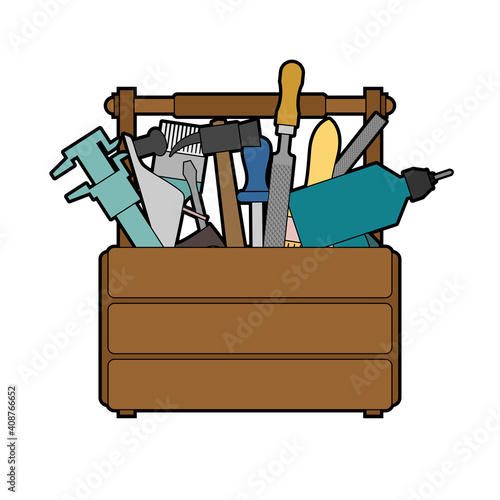 Full Toolbox with tools. wooden tool box. Hammer and drill. Wrench and vernier caliper. Screwdriver and brush.