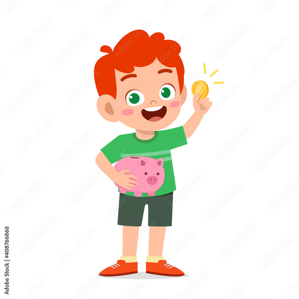 cute little kid boy carry piggy bank and golden coin