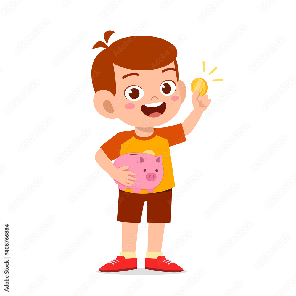 cute little kid boy carry piggy bank and golden coin cute little kid boy carry piggy bank and golden coin