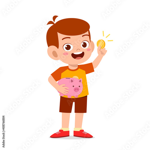 cute little kid boy carry piggy bank and golden coin