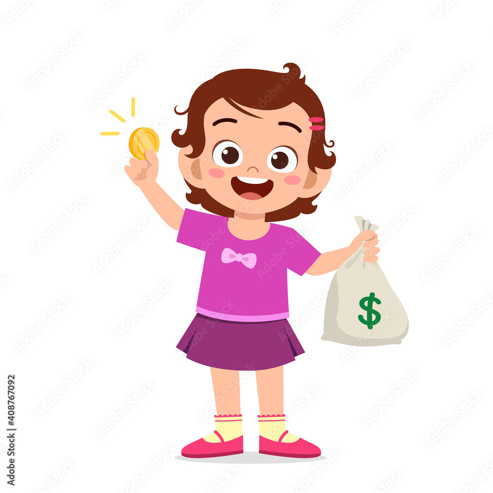 cute little kid girl carry bag of cash and coin cute little kid girl carry bag of cash and coin