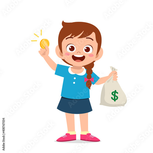 cute little kid girl carry bag of cash and coin