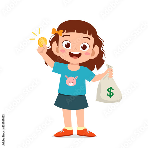 cute little kid girl carry bag of cash and coin