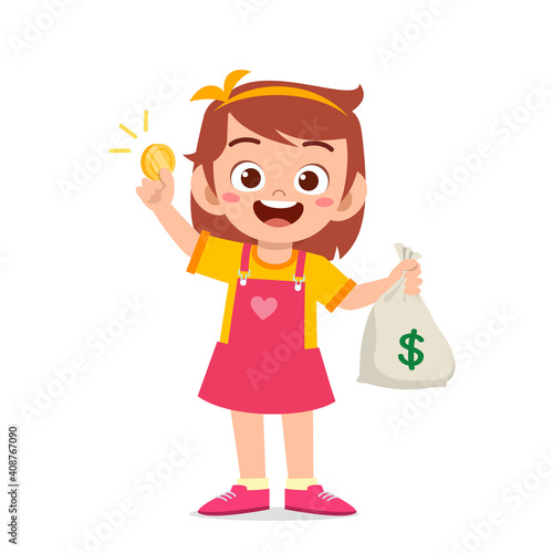 cute little kid girl carry bag of cash and coin