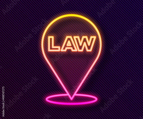 Glowing neon line Location law icon isolated on black background. Vector. photo