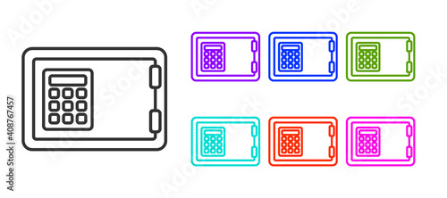 Black line Safe icon isolated on white background. The door safe a bank vault with a combination lock. Reliable Data Protection. Set icons colorful. Vector.