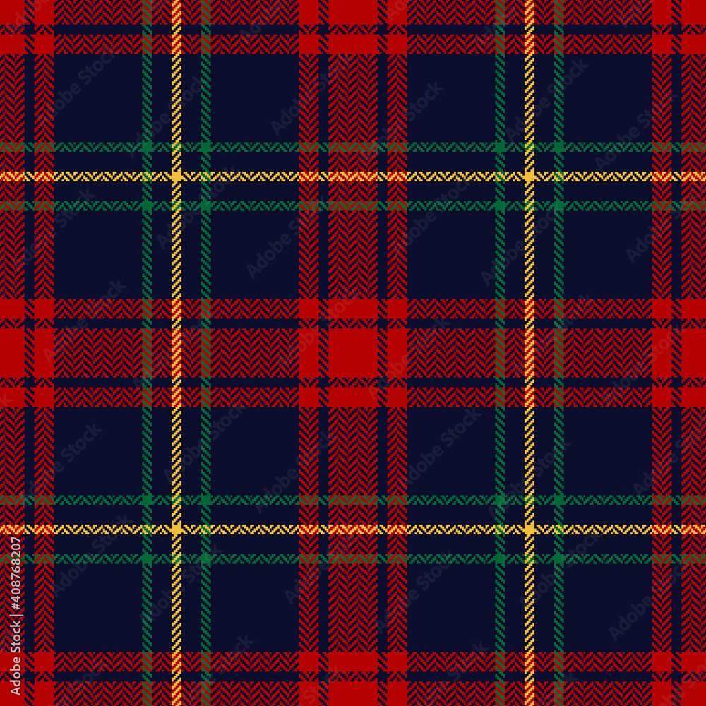 Tartan plaid pattern in red, green, blue, yellow. Herringbone textured multicolored seamless checked background for Christmas flannel shirt, tablecloth, or other modern winter holiday textile print.
