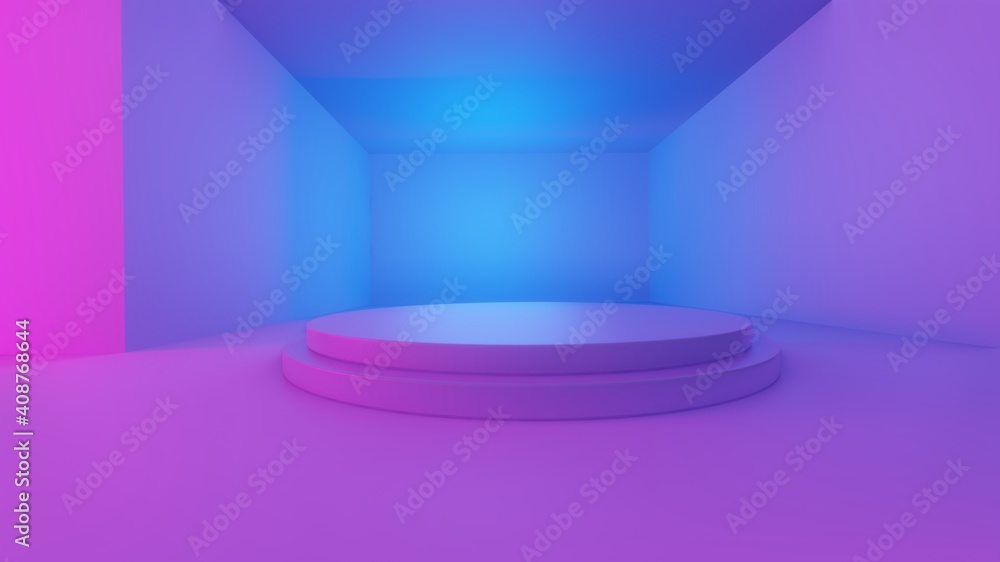3D renderings of a wide hall With blue and pink lights with a podium base in the center 3D renderings of a wide hall With blue and pink lights with a podium base in the center