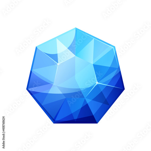 Vector illustration of realistic shiny blue jewel. Colorful heptagon shape jewelry gemstone. Sapphire isolated on white background. Blue diamond stone. Jewellery design top view.