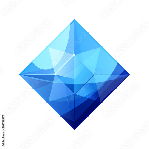 Vector illustration of realistic shiny blue jewel. Colorful square shape jewelry gemstone. Sapphire isolated on white background. Blue diamond stone. Jewellery design top view.