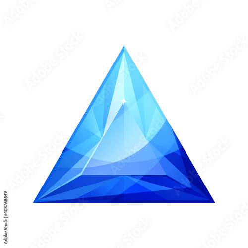 Vector illustration of realistic shiny blue jewel. Colorful triangle shape jewelry gemstone. Sapphire isolated on white background. Blue diamond stone. Jewellery design top view.