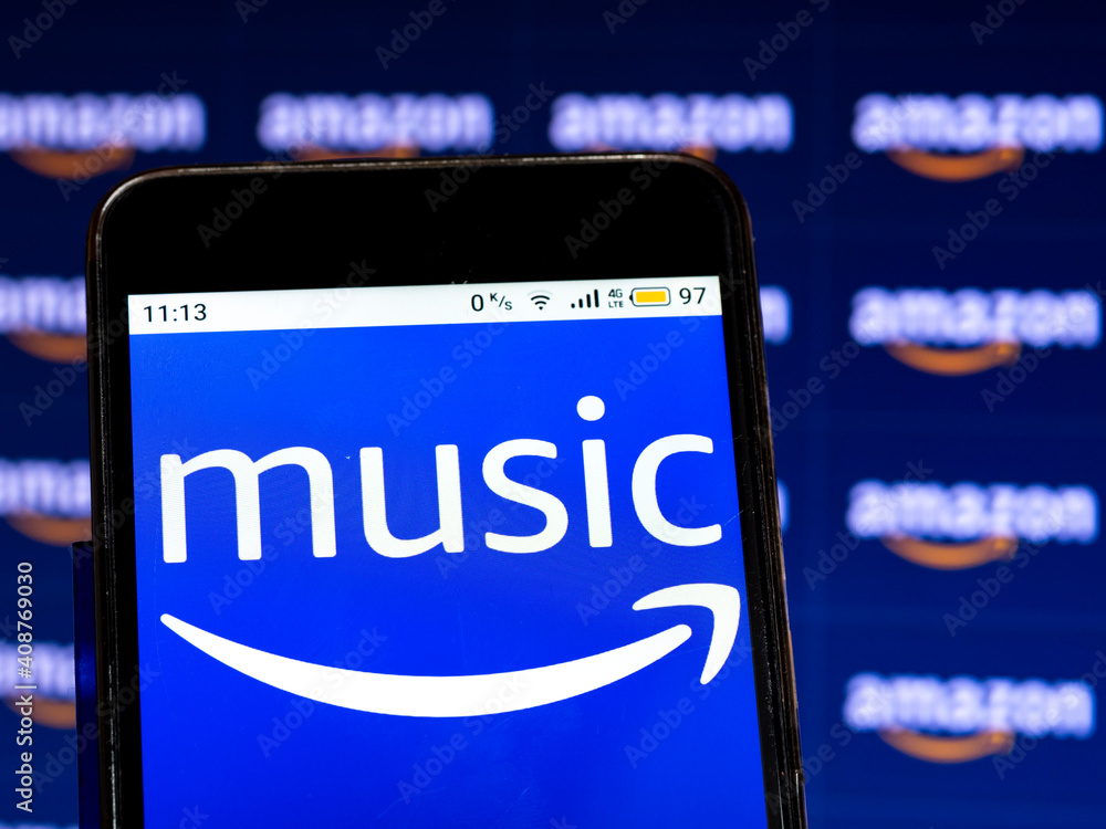 In this photo illustration an Amazon Music logo seen displayed on smart phone  Stock Photo | Adobe Stock