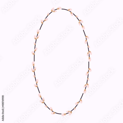 Oval wreath of willow. Willow wreath.Easter wreath made of willow stalks.Vector flat illustration. Design for invitations, postcards, printing