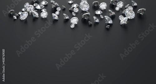 Diamond Group placed on Black Background with Copy Space 3D rendering