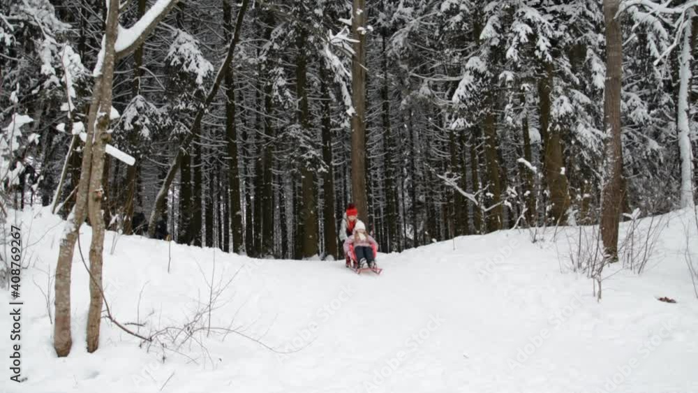 Two happy beautiful children have fun sleigh rides in a snow-covered forest hd stock footage Two happy beautiful children have fun sleigh rides in a snow-covered forest hd stock footage
