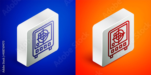 Isometric line Radar with targets on monitor in searching icon isolated on blue and orange background. Search system. Navy sonar. Silver square button. Vector.