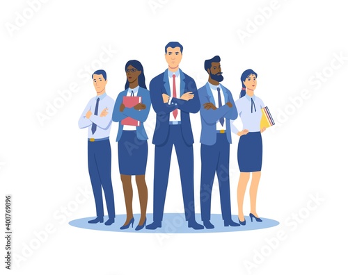 Group of people men and women in business suits. Diverse multiracial business team is ready to work. Flat cartoon vector illustrartion isolated on white background