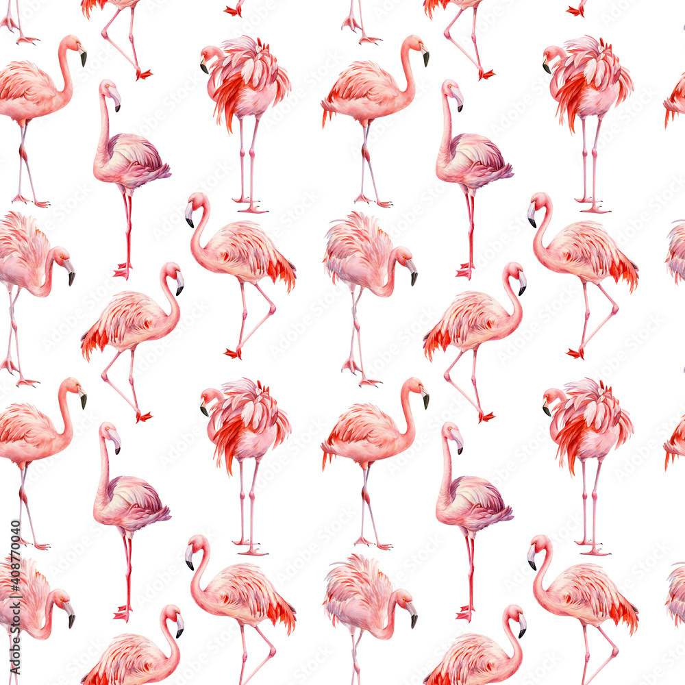 Fototapeta premium Flamingo pattern, Pink flamingo isolated background, watercolor illustration, seamless pattern