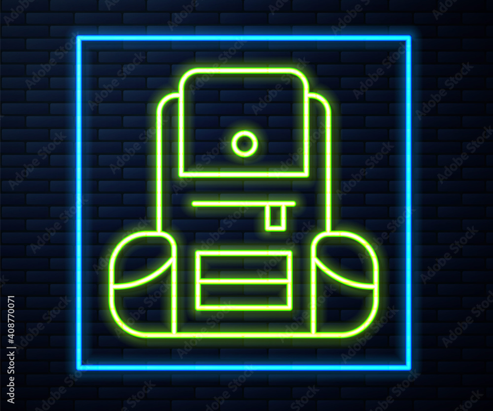 Glowing neon line Hiking backpack icon isolated on brick wall background. Camping and mountain exploring backpack. Vector. Glowing neon line Hiking backpack icon isolated on brick wall background. Camping and mountain exploring backpack. Vector.