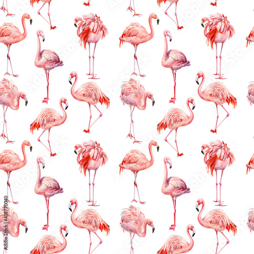 Flamingo pattern, Pink flamingo isolated background, watercolor illustration, seamless pattern © Hanna