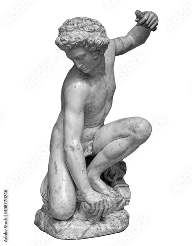 Ancient white marble sculpture of naked young man Narcissus. Antique classic statue of youngster isolated on white. Stone figure of teenager