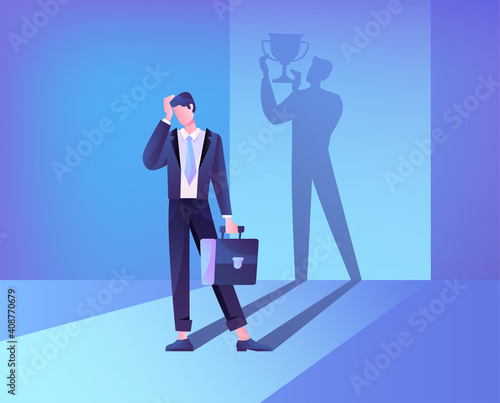 Abstract concept of self belief and self confidence. The businessmans shadow helps him maintain faith in himself. Flat cartoon vector illustration
