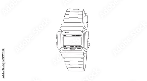 Vector Isolated Black and White Illustration of a Classic Vintage 80s Digital Watch.