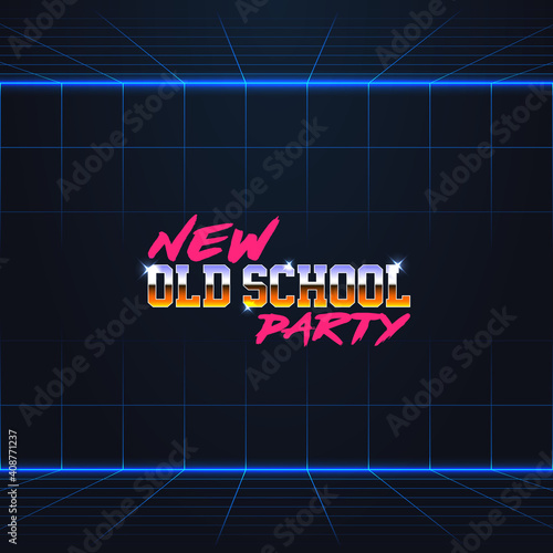 colorful simple vector illustration in retro futurism style of 1980s of headline signboard text new old school party