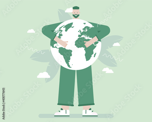 Go green and global mind concept. A man holding the Earth in his hand. Vector illustration  for telework, remote working and freelancing concept, business, start up
