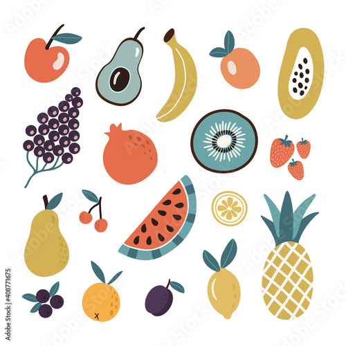 Fototapeta Naklejka Na Ścianę i Meble -  Colorful set of organic tropical fruits and berries or vegetarian food on white background. Vector hand drawn collection icon in flat style