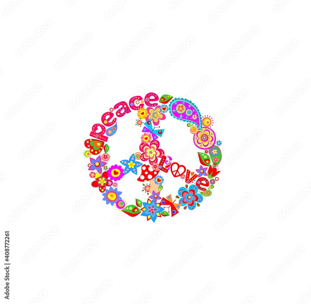 Funny paper cutting colorful hippie peace symbol with peace, love word, flower-power, fly agaric, paisley, butterflies for t-shirt, bag design, fashion print on white background