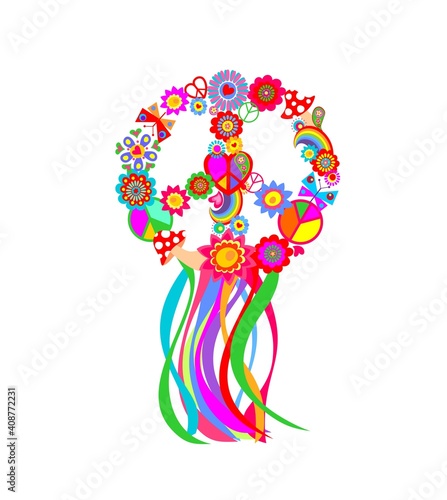 Funny hippie peace symbol with flower-power, fly agaric, paisley, butterflies, rainbow and colorful ribbons for t-shirt, bag design, fashion print