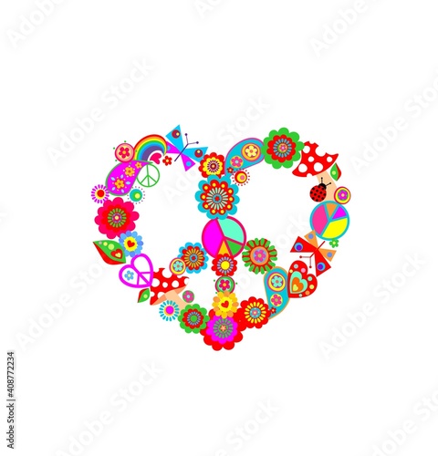 Funny paper cutting colorful hippie peace symbol in heart shape with flower-power, fly agaric, paisley, butterflies and rainbow for t-shirt, bag design, fashion print