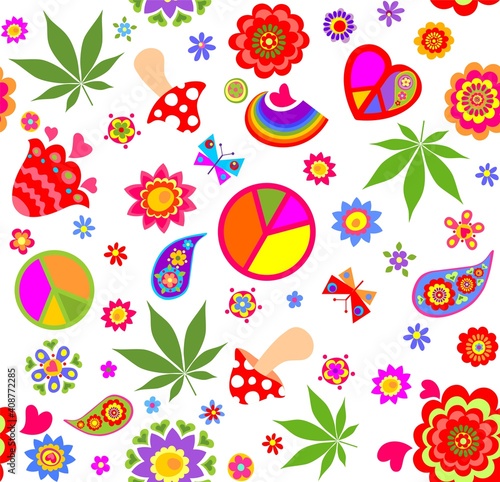Funny seamless wallpaper with peace symbol, flower-power, marijuana leaves, fly agaric, paisley, butterflies and rainbow for bag design, fashion print, wrapping paper
