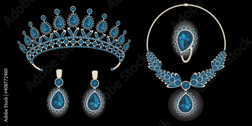 vector image of women's jewelry: tiara, necklace, earrings and ring with precious stones