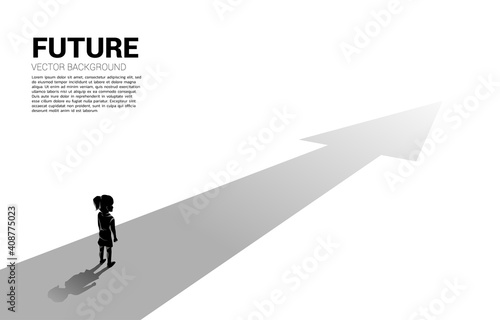 Silhouette of girl standing on route with arrow. Concept of education solution and future of children.